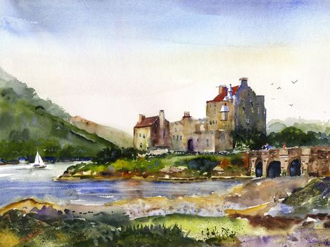 Scotland Landscape,  Castle Eilean Donan, Scotland Wall Art, Scottish Wall Decor prints, Scotland Painting, Scottish Countryside Scotland Painting, Landscape Castle, Highlands Castle, Laura Horn, Eilean Donan Castle, Scotland Landscape, Scottish Countryside, Wall Decor Prints, Eilean Donan