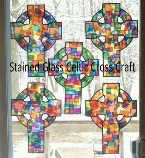 Stained Glass Celtic Cross Craft for St. Patrick's Day. Supplies needed: 1. Square colored tissue paper pieces 2. Permanent black marker 3. Contact paper 4. Scissors ... We did this craft with 25 students ranging from ages 3-12. They turned out fantastic! Welsh Crafts For Kids, Celtic Crafts, St Patricks Day Crafts For Kids, 4th Grade Art, Cross Crafts, Cross Art, St Patrick's Day Crafts, Irish Art, Easter Art