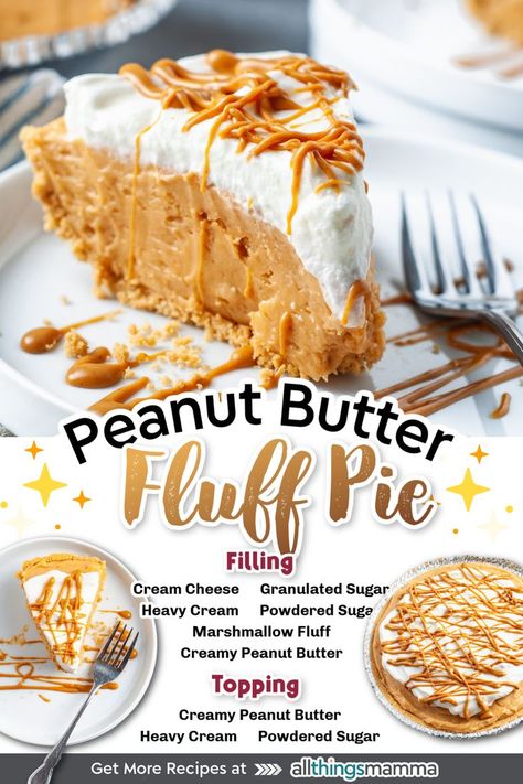 slice of Peanut Butter Fluff Pie served on a white plate. ingredients to make Peanut Butter Fluff Pie. Fluffernutter Pie, Peanut Butter Fluff, Peanut Butter Cream Pie, Peanut Butter Dessert Recipes, Peanut Butter Marshmallow, Fluff Desserts, Cream Pie Recipes, Peanut Butter Desserts, Cracker Crust