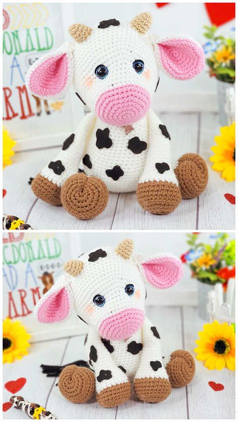 Amigurumi Cow Crochet Free Pattern Cow Pattern Free Crochet, Free Crochet Pattern For Cow, Sitting Cow Crochet Pattern, Crochet Farm Animals Free Pattern, Free Crochet Cow Pattern, Arigami Crochet, Free Cow Crochet Patterns, Crochet Cow Pattern Free, Crochet Cow Free Pattern