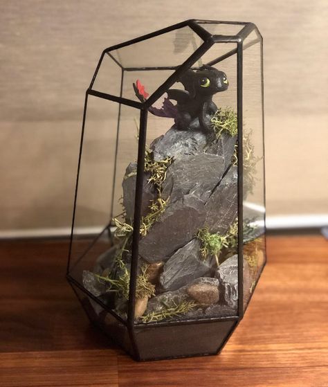 I made this how to train your dragon terrarium for my husband! It turned out great! #toothless #howtotrainyourdragon #terrarium #dreamworks #dreamworksdragons Dragon Terrarium Craft, How To Train Your Dragon Room Decor, How To Train Your Dragon Centerpiece, How To Train Your Dragon Room, How To Train Your Dragon Room Ideas, How To Train Your Dragon Bedroom Ideas, How To Train Your Dragon Bedroom, How To Train Your Dragon Decorations, How To Train Your Dragon Gift Ideas