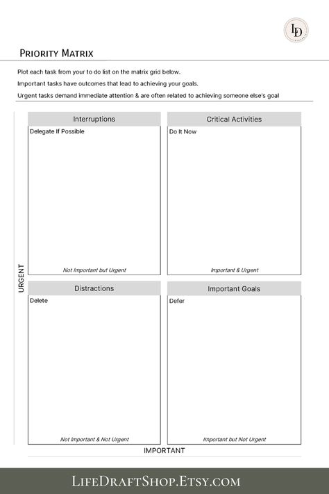 Prioritization Worksheet, Eisenhower Method, Use Your Time Wisely, Professional Development Plan, Life Priorities, Digital Planner Template, Habit Formation, Time Management Tools, Planner Inserts Printable