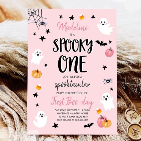 $2.09 | Pink Ghost Halloween Spooky One 1st Birthday Party - halloween birthday, halloween party, pink ghost, costume party, pumpkins, halloween invitation, little boo, girl 1st birthday, first birthday, spooky one Halloween First Birthday, Halloween 1st Birthdays, Spooky One, Halloween Birthday Invitations, Pink Ghost, First Birthday Party Decorations, 1st Birthday Party Invitations, Birthday Halloween Party, Birthday Invitations Girl