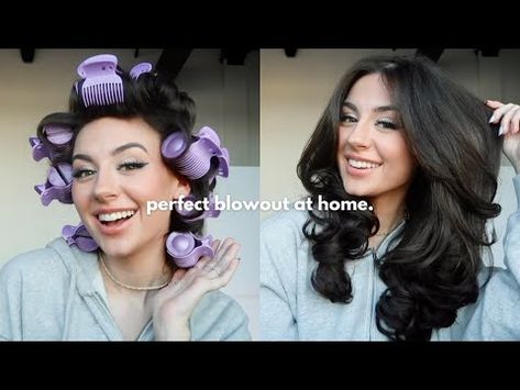 Blowout Hair Tutorial Straightener, Hot Roller Styles, Hot Roller Curls, Salon Blowout At Home, Rollers Tutorial, Conair Hot Rollers, Hair Rollers Tutorial, Blowout At Home, Using Hot Rollers