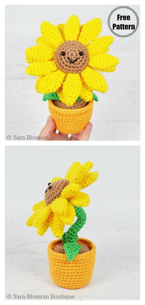 Amigurumi Potted Sunflower Free Crochet Pattern #freecrochetpatterns  #crochetamigurumpattern  #crochetflowers  #sunflower Crochet Flower In A Pot Free Pattern, Crochet Potted Plants Free Pattern, Crochet Sunflower In Pot Free Pattern, Crochet Sunflower Doll Free Pattern, Flower In Pot Crochet Pattern, Potted Flower Crochet Pattern, Amigurumi Sunflower, Potted Sunflowers, Crochet Plants