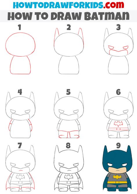 how to draw batman step by step Step By Step Small Drawings, Step By Step Superhero Drawing, Drawing Batman Easy, Cute Superhero Drawings, Batman Drawing Step By Step, Superhero Easy Drawing, Step To Step Drawing Easy, Cartoon Superheroes Drawing Easy, Cartoon Art Step By Step