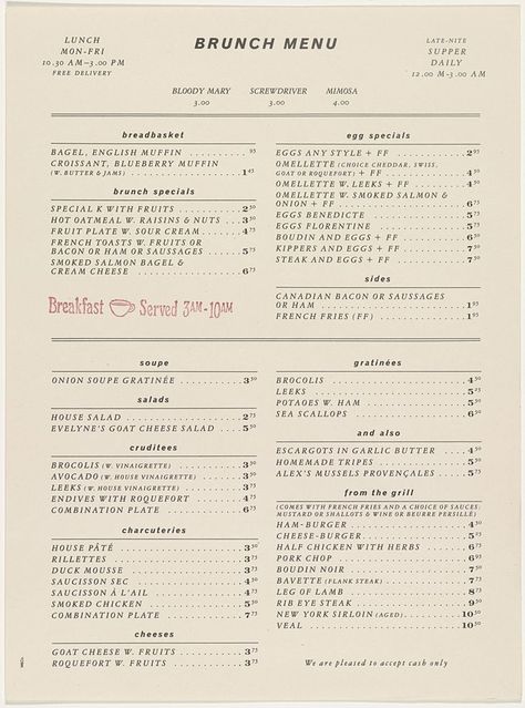 Tibor Kalman, Alexander Isley. Restaurant Florent Menu. 1985. M&Co. Offset lithograph with rubberstamp. Each: 12 x 9" (30.5 x 22.9 cm). Gift of Alexander Isley. 1791.2008.1-4. © 2009 Alexander M. Isley. Architecture and Design Diner Branding, Tibor Kalman, Menu Sans Gluten, Eggs Florentine, Smoked Salmon Bagel, Menu Design Inspiration, Indesign Layout, Egg Styles, Spring Menu