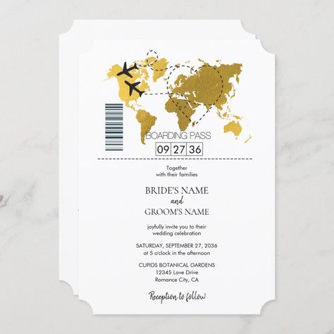 Destination Boarding Pass Wedding Invitation Size: 5" x 7". Color: gold. Gender: unisex. Age Group: adult. Material: Semi-Gloss. Business Launch Party, Travel Invitation, Travel Wedding Invitations, Heart Wedding Invitations, Gold Map, Wedding Invitation Size, Black And White Wedding Invitations, Wedding Personalized, White Wedding Invitations