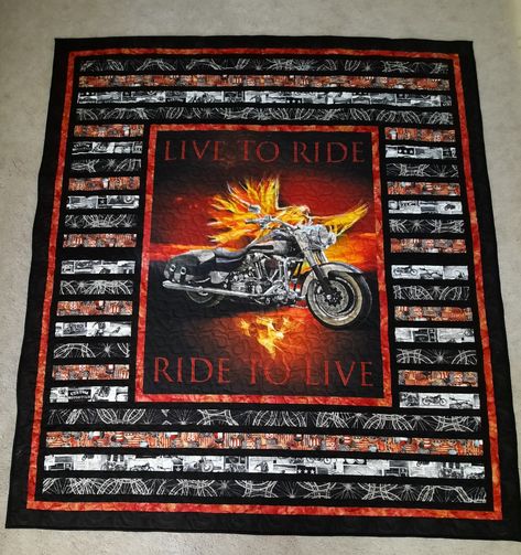 Made this quilt for a friend to give her other half. Harley Davidson Quilts Ideas, Harley Davidson Quilt, Motorcycle Quilts Ideas, Quilting Panels, Brother Ideas, Quilt Panels, Panel Ideas, Panel Quilt Patterns, Horse Quilt