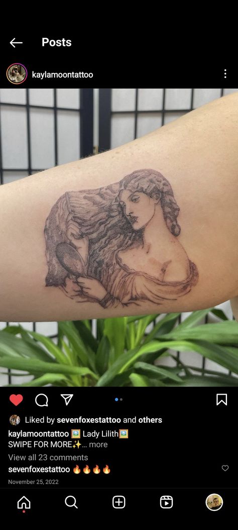 Lilith Tattoo Meaning, Lady Lilith Tattoo, The Lady Of Shalott Tattoo, Lilith And Lucifer Tattoo, Lilith Symbol Tattoo Art, Lilith Tattoo, Lady Lilith, Tattoo Inspo, Tattoos And Piercings