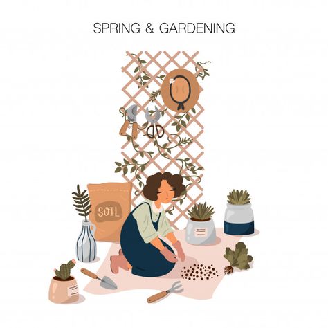 Spring and gardening illustration in flat cartoon style. girl caring for plants. home garden poster. | Premium Vector Woman Gardening Illustration, Plant Festival, Seed Illustration, Caring For Plants, Gardening Illustration, Drawing Planner, Bujo Themes, Cartoon Garden, Earthy Elements