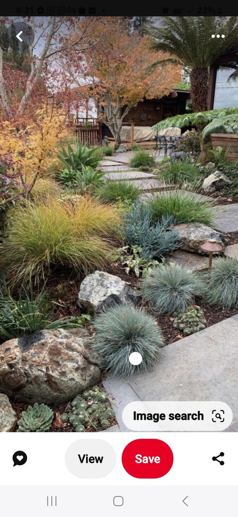 Mixing Rock And Mulch In Landscaping, Natural Front Yard, Seattle Landscaping, Mountain Home Landscaping, Bark Landscaping, Landscape Ideas Garden, Xeriscape Front Yard, Rockery Garden, Small Yard Landscaping