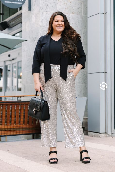 Curvy and Sexy. Add This Chic Sequins Pant to Your Holiday Wardrobe Now!Plus Long Sleeve Bow Blouse in Black and Plus Wide Leg Sequin Pants. Fall Fashion Outfits. Fashion Inspiration. Plus Size Looks. Plus Size Work Wear | Curvy Style | Nicole Curves to Contour Sequin Pants Outfit Plus Size, Sequins Pants Outfit, Summer Pants Outfits, Plus Size Work, Plus Size Looks, Sequin Pants, Glam Outfit, Bow Blouse, New Years Eve Outfits