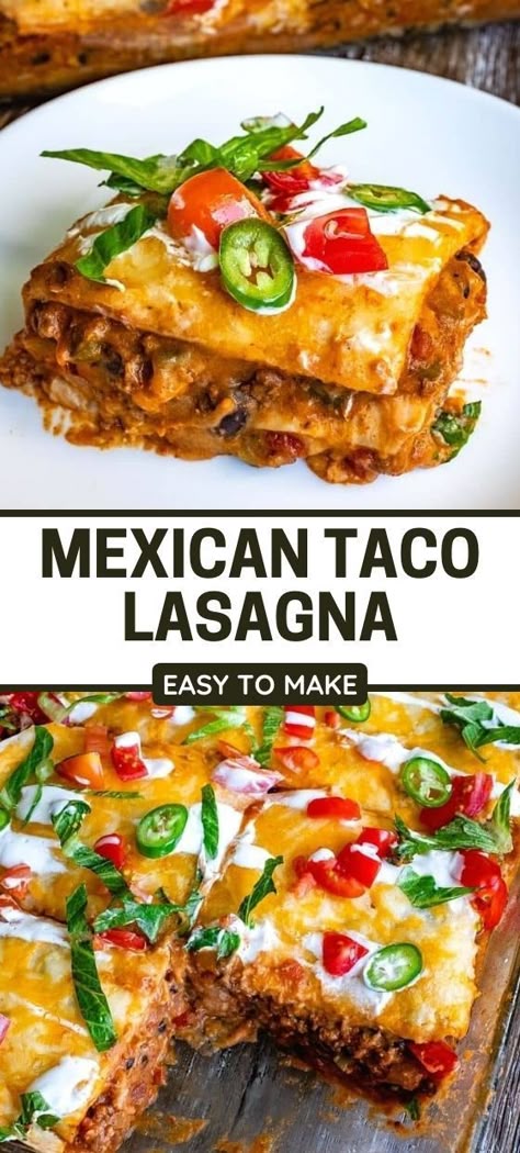 Vegetarian Taco Lasagna, Dinner Ideas For Bunco Night, Taco Lasagna Bake, Mexican Lasagna Recipe With Tortillas, Taco Lasagna With Tortillas, Dinner To Feed A Crowd, Easy Taco Lasagna, Mexican Taco Lasagna, Casserole With Tortillas