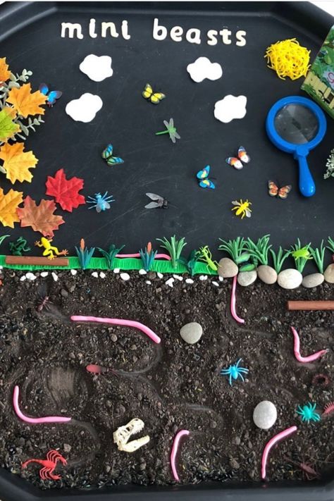 This mini beasts tuff tray setup shares nature from the soil up! A great idea to teach little ones about their garden and the surrounding animals and creatures within it. Sensory Tuff Tray Ideas, Tuff Tray Ideas For Toddlers, Minibeast Display, Minibeasts Eyfs, Minibeasts Activities, Tuff Tray Ideas Toddlers, Tuff Tray Ideas, Mini Beasts, Tuff Spot