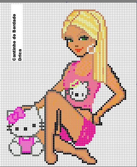 barbie s hello kitty Barbie Cross Stitch Pattern, Barbie Cross Stitch, Barbie Perler Beads, Hello Kitty Crochet, Barbie Drawing, Disney Cross Stitch Patterns, Diy Barbie Clothes, Cross Stitch For Kids, Tapestry Crochet Patterns