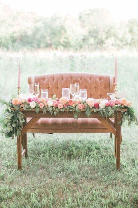 cozy sweet heart table with farm table and velvet loveseat Wedding Sweetheart Table Flowers, Elegant Farm Wedding, Sweetheart Table Flowers, Editorial Bride, Wedding Outdoors, Sperry Tent, Sweetheart Table Decor, Table Garland, Beautiful Wedding Reception