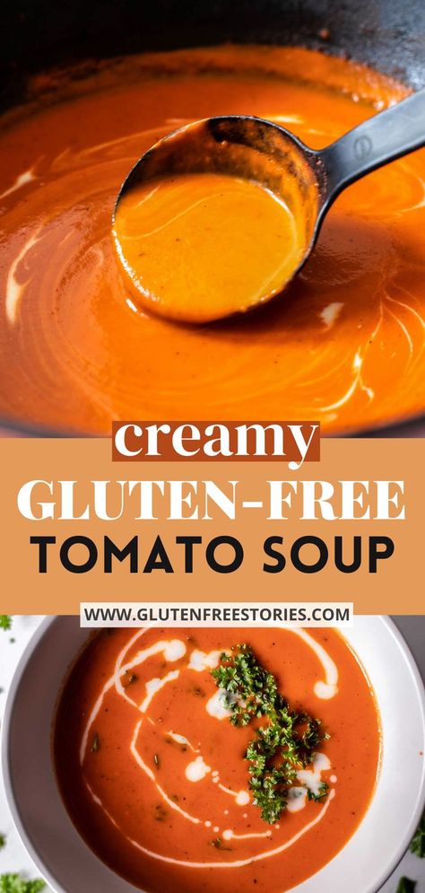 This Gluten-Free Tomato Soup requires only 9 simple ingredients and 20min to make, moreover it is super creamy, flavorful and so comforting. Dairy Free Nut Free Recipes, Gluten Free Tomato Soup, Dairy Free Tomato Soup, Tomato Soup Easy, Gluten Free Dinner Easy, Nut Free Recipes, Creamy Tomato Soup, Wheat Free Recipes, Tomato Soup Recipes