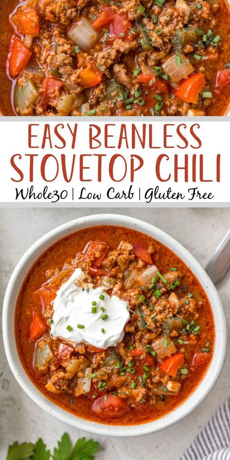 This beanless chili recipe is a quick and easy stovetop meal that cooks in just 30 minutes! It's Whole30, paleo, low carb and gluten-free, so it's a no bean chili that everyone can enjoy! Made with hearty vegetables like tomatoes, peppers, onions and mushrooms it's super filling without beans and makes delicious leftovers for meal prep or freezing. #beanlesschili #whole30chili #stovetopchili #ketochili #lowcarbchili Lowfodmap Chili, Whole 30 Chili Recipe, Low Calorie Chili, Gluten Free Chili Recipe, Paleo Chili Recipe, Beanless Chili Recipe, Beanless Chili, Chili Without Beans, Chili Recipe Stovetop