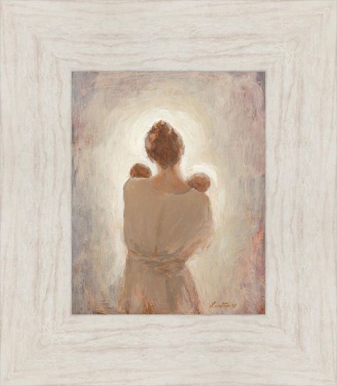 Two Little Loves by Lovetta Reyes Cairo features a mother viewed from behind in profile as she holds her new born twins against a pink background – LDSArt.com Motherly Love Art, Mother And Twins Drawing, Motherhood Artwork, Motherly Love Painting, Brother And Sister Baby Painting, Mother Drawing, Souls Purpose, Mother And Baby Paintings, Mother Child Painting