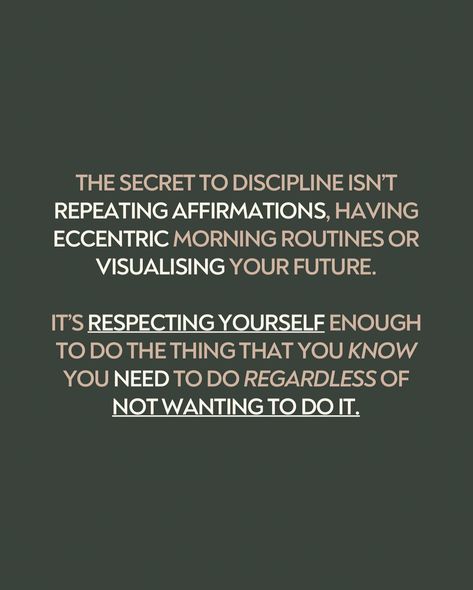 If I see ONE MORE PERSON preaching about “you need to affirm”, “you need to visualise” or “have eccentric morning routines” to be disciplined and make your business THRIVE, I might just self implode. 💣 The key is to have enough RESPECT for YOURSELF 🫵🏼 to know that even when you wake up and you really DON’T FEEL LIKE IT, you do it. Discipline isn’t supposed to be a challenge, it’s not something that you should be wary of or dread. It’s the difference between am I going to succeed or fail. ... How To Be More Disciplined, Discipline Affirmations, I Am Disciplined, Be Disciplined, Morning Routines, Respect Yourself, Note To Self, Morning Routine, You Really