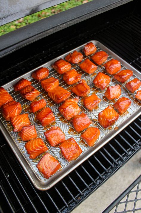 Salmon Burnt Ends Smoker, Smoked Salmon Bites Recipe, Smoked Salmon Burnt Ends, Salmon Smoker Recipes, Smoker Salmon Recipes, Salmon Smoked Recipes, Traeger Salmon Recipes, Smoked Salmon Traeger, Smoked Entrees