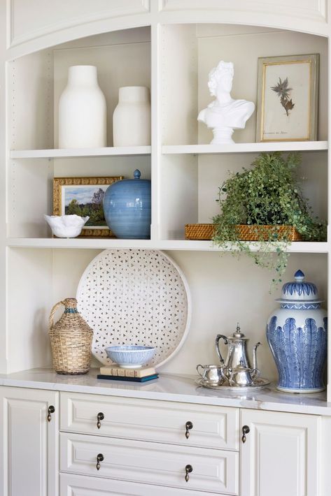 Bria Hammel Interiors, Bria Hammel, Shelf Decor Living Room, Styling Shelves, Decorating Bookshelves, Bookcase Styling, Bookcase Decor, Cottage Renovation, Blue White Decor