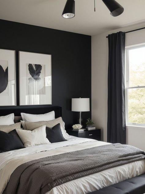 Add a touch of sophistication to your bedroom with black frame wall art. Match it with a sleek and modern bed frame for a refined and stylish look. Black Accent Wall, Black And Grey Bedroom, Black Walls Bedroom, Black And White Bedroom, White Bedroom Ideas, Black Bedroom Decor, White Bedroom Design, Black Bed Frame, Black Bed