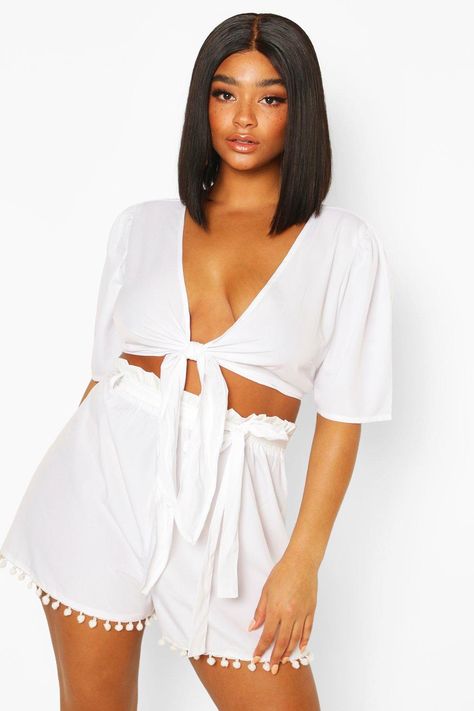 Plus Tie Front Tassel Hem Beach Co-ord | boohoo Cheap White Cover-up For Vacation, Cheap White Vacation Cover-up, White Relaxed Fit Cover-up For Vacation, White One-size Summer Cover-up, White One Size Summer Cover-up, Create Your Outfit, Portugal Fits, Winter Lounge, Beach Looks