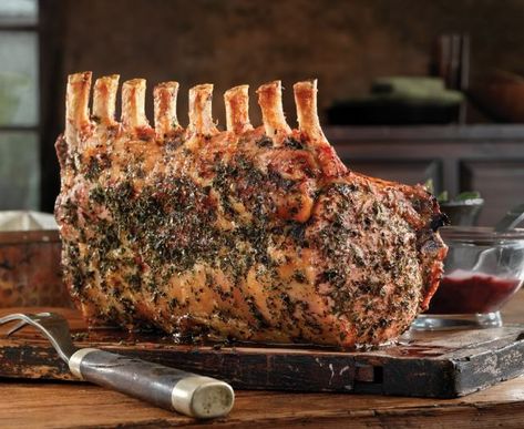 Herb Roasted Rack of Pork Bone In Pork Roast, Pork Rib Roast, Pork Loin Ribs, Rack Of Pork, Rib Roast Recipe, Rib Rub, Pork Roast Recipes, Fresh Sage, Red Wine Sauce