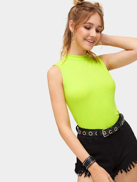 SheinShein Neon Yellow Mock Neck Rib-knit Sleeveless Top Yellow Top Outfit, Green Top Outfit, Neon Green Top, Neon Yellow Tops, Tank Outfit, Yellow Tank Top, Women Tank Tops, Goth Punk, Green Tops