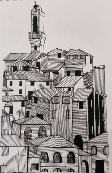 Pencil Art Drawings City, Architecture Drawing Art Easy, Micron Pen Art Sketches Architecture, City Drawing Sketches Simple, Repetition Art Drawing, Pen Work Drawings, City Pencil Drawing, Architecture Drawing Easy, Skecting Ideas