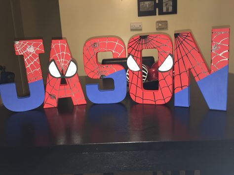 Spider Man Name Letters, Spider Man Letters Diy, Spiderman Letters Diy, Spider Man Decorations Birthday Diy, Spider Man Birthday Decor, Diy Spider Man Decorations, Spider Man Letters, Spider Man Baby Shower Ideas, Spiderman 2nd Birthday Party