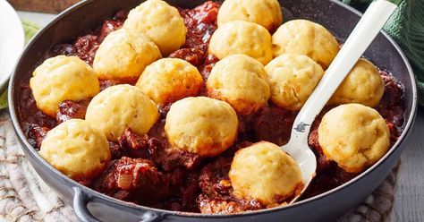 Beef chilli with polenta dumplings Polenta Dumplings, Curtis Stone Recipes, Beef Chilli, Mexican Seasoning, Mexican Beef, Beef Stew Recipe, Dumpling Recipe, Stew Recipe, Simply Recipes