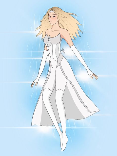 “White Phoenix” drawn by @ bridgiesart on instagram White Hero Suit Female, Marvel Suits Design Female Blue, Female Superhero Suit Design, White Superhero Suit Female, Female Superhero Suit, Superhero Suit Design, Mcu Shifting, Superhero Costumes Female, Ur Mum