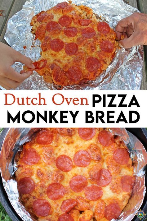 Learn how to make Pizza Monkey Bread in your Dutch oven with this easy and fun camping recipe. Perfect for pizza lovers, this recipe uses refrigerated biscuit dough. Your family will love pulling apart this delicious pizza while enjoying the beautiful outdoors. Dutch Oven Pizza Bread, Monkey Bread In Dutch Oven, Dutch Oven Bread Camping, Dutch Oven Monkey Bread, Dutch Oven Biscuits, Pizza Monkey Bread Recipe, Dutch Oven Recipes For Camping, Campfire Dutch Oven Recipes, Bread In A Dutch Oven