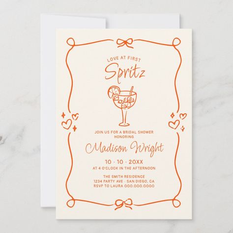 Introducing our enchanting "Love at first Spritz" bridal shower invitation, designed to make your special day even more memorable. This invitation features an orange hand-drawn doodle frame adorned with delicate bows and whimsical hearts and a hand drawn cocktail glass, adding a touch of playful elegance to the design. The whimsical handwritten font beautifully complements the artistic frame, creating a cohesive and charming look that will captivate your guests from the moment they receive it. O Aperol Spritz Bridal Shower Invitation, Love At First Spritz Bridal Shower Theme, Thats Amore Bridal Shower Ideas, Love At First Spritz, Engagement Invite, Whimsical Heart, Invitations Ideas, Doodle Frame, Boho Bridal Shower