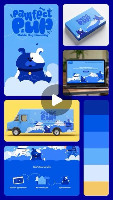 Millie Woodcock on Instagram: "Here’s a breakdown of all the different things I explored for the Pawfect Pup concept brand. Vehicle ad, social media animation, website landing page and business cards. #animation #2danimation #buckuback #design #branddesign #visualidentity #webdesign #illustration #brandillustration #graphicdesign #aftereffects #illustrator #procreateillustration" Social Media Animation, Animation Website, Ad Animation, Website Landing Page, 2d Animation, Dog Grooming, Visual Identity, Landing Page, Color Scheme