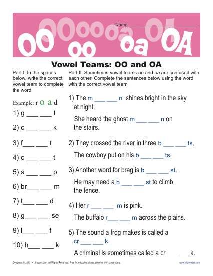 OO and OA Vowel Worksheets Vowel Team Worksheets, Phonics Worksheets Grade 1, Vowel Teams Worksheets, Vowel Team Words, Digraph Words, Phonics Worksheets Free, Vowel Teams, Vowel Worksheets, Phonics Free