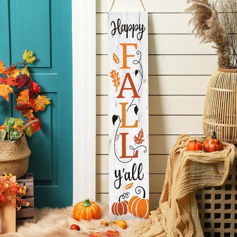 PRICES MAY VARY. Quality Craftsmanship and Materials: the fall porch sign is crafted with the quality wood, ensuring durability and natural beauty; Its wood details come assembled from planks, about 42 inches in height Nice Design and Decorative Attraction: the vertical porch sign boasts an attention grabbing design with the display of the word "Happy FALL y'all"; Further accentuated by additional designs such as Maple leaves and pumpkin pattern, typically in color of orange and brown, this sign Thanksgiving Door Signs Front Porches, Autumn Signs Wooden, Fall Door Signs Front Porches, Fall Signs Wooden, Holiday Porch Signs, Fall Porch Signs, Thanksgiving Door Sign, Porch Fall Decor, Decor For Thanksgiving