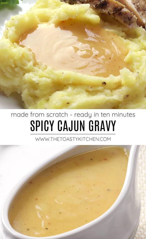 Spicy Cajun gravy recipe by The Toasty Kitchen. Spice up your mashed potatoes with this spicy Cajun gravy! Seasoned with Cajun spices and hot sauce, this gravy comes together in minutes on the stovetop. #spicygravy #cajungravy #gravyrecipe #thanksgivinggravy #homemadegravy #gravywithoutdrippings #howtomakegravy #turkeygravy #chickengravy #gravy #recipe #thanksgiving Mashed Potato Sauce, Cajun Sausage Gravy, Spicy Chicken Gravy Recipe, Seafood Gravy Sauce Recipes, Jalapeno Gravy Recipe, Cajun Chicken Gravy, Cajun Mashed Potatoes, Southern Mashed Potatoes, Bbq Gravy