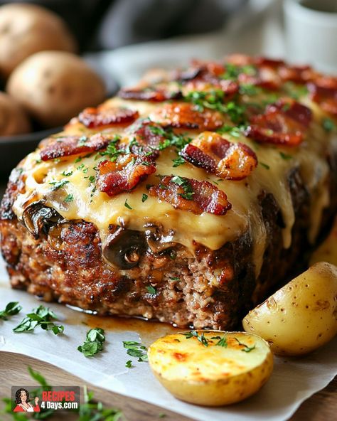 Bacon Mushroom Swiss Meatloaf Bacon Swiss Cheese Mushroom Meatloaf, Meatloaf With Sour Cream, Fall Carnivore Meals, Mini Stuffed Meatloaf, Bacon Swiss Cheese Meatloaf, Meatloaf Roll Up, Mushroom Swiss Meatloaf Recipes, Bacon Mushroom Swiss Cheese Meatloaf Recipe, Mushroom Swiss Bacon Meatloaf Casserole