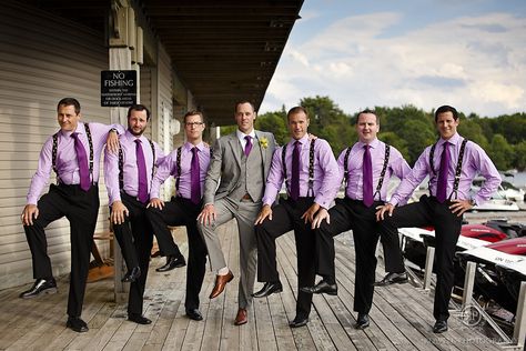 I think this is my FAVORITE... Not that it's up to me or anything... ;] Groomsmen Attire Grey, Purple Groomsmen, Grey Groomsmen, Purple Ideas, Groomsmen Ideas, Wedding Tux, Mens Wedding Attire, Groomsmen Outfits, Bachelor Parties