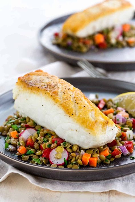 Halibut Dinner Ideas, Roasted Halibut, Fish Cooking, Halibut Recipes, Healthy Gourmet, Lemon Basil, Lentil Salad, Healthy Side, Lentil Recipes