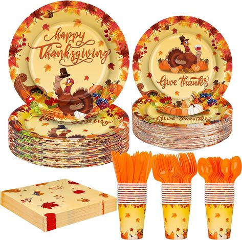 Unique Design - Thanksgiving plates and cups are printed with food-grade water based ink. The festive patterns like thanksgiving dinner plates, the words happy Thanksgiving and give thanks are a cheerful addition to the table, making your Thanksgiving dinner a success. Friendsgiving Napkins, Thanksgiving Plate Settings, Friendsgiving Party Decorations, Friendsgiving Dessert, Friendsgiving Dinner Party Decor, Thanksgiving Dinner Plates, Harvest Table Decor, Friendsgiving Decor, Thanksgiving Board