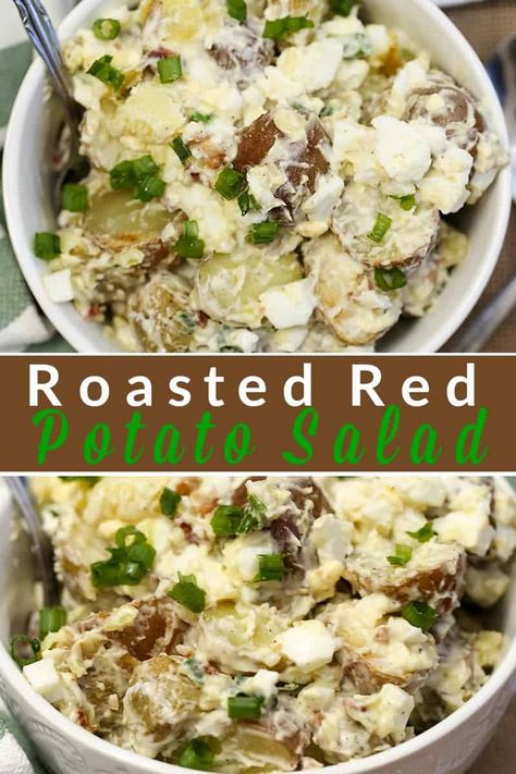 This Roasted Red Potato Salad recipe with egg, bacon and green onions makes it a favourite go-to for a quick and delicious side dish all year long. #redpotato #potatosalad #saladrecipe Bavarian Potato Salad, Red Potato Salad Recipe, Potato Roasted, Roasted Potato Salad, Delicious Healthy Salads, Salad Recipes With Bacon, Salad Potato, Greek Lemon Potatoes, Homemade Potato Salads