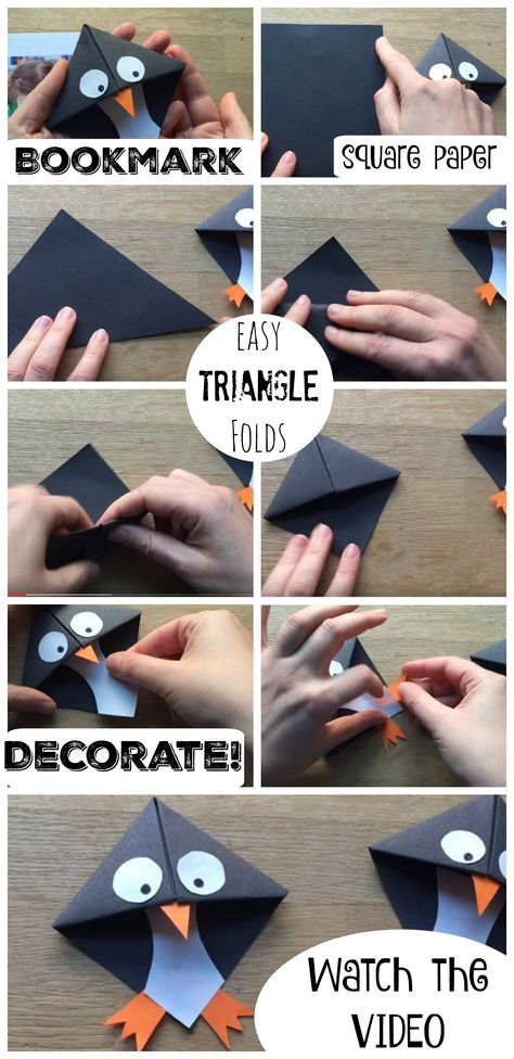 Super cute Penguin Bookmarks, these are super fun and EASY to make! And a great introduction to Origami for kids. These Penguin Bookmarks make a nice gift too! Origami For Kids, Penguin Crafts, Penanda Buku, Tutorial Origami, Origami Bookmark, Bookmark Craft, Corner Bookmarks, Diy Bookmarks, Origami Tutorial