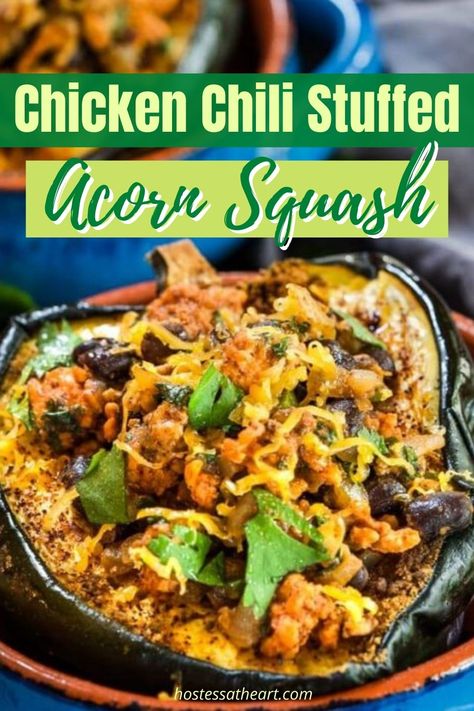 Chicken Stuffed Acorn Squash, Chili Stuffed Acorn Squash, Stuffed Acorn Squash Recipes, Acorn Squash Recipes Healthy, Spicy Chicken Chili, Cumin Chicken, Stuffed Acorn Squash, Acorn Squash Recipes, Chicken Stuffed