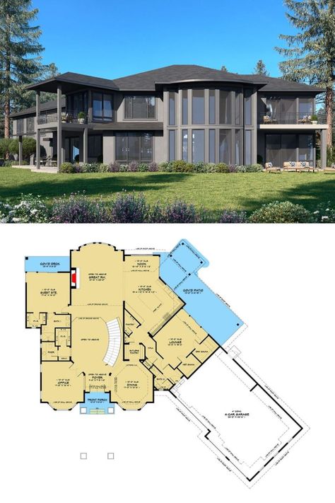 This 2-bedroom, 6-bedroom Mediterranean house plan with angled 4-car garage and bonus room, features a grey modern mediterrean house exterior. This beautiful home is over 6000 sq.ft. and is perfect for a large family. Follow us for more 6-bedroom house plans and Mediterranean house plans. Floor plan by Architectural Designs. Bedroom Mediterranean, Bonus Room Floor Plan, Luxury Mediterranean Homes, 6 Bedroom House Plans, Mansion Floor Plans, Stucco Siding, Room Floor Plan, Mediterranean Luxury, Mediterranean House Plan