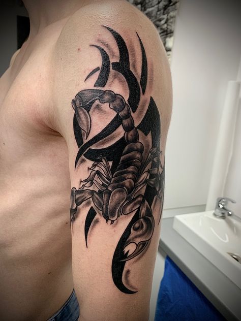 Scorpion Bicep Tattoo, Scorpion Sleeve Tattoo, Scorpion Tattoo For Men, Scorpion Tattoo Design, Polynesian Tattoo Sleeve, Atlas Tattoo, Ram Tattoo, Egyptian Tattoo Sleeve, Filigree Tattoo